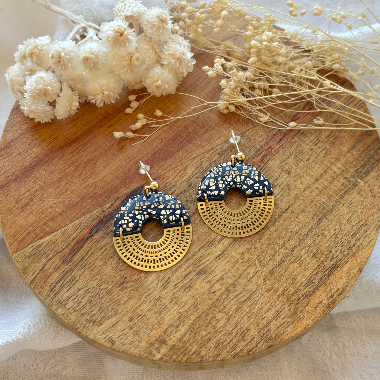 Boucles d’oreilles MARINE – Yellow Bright (Pâte polymère & feuilles d’or)